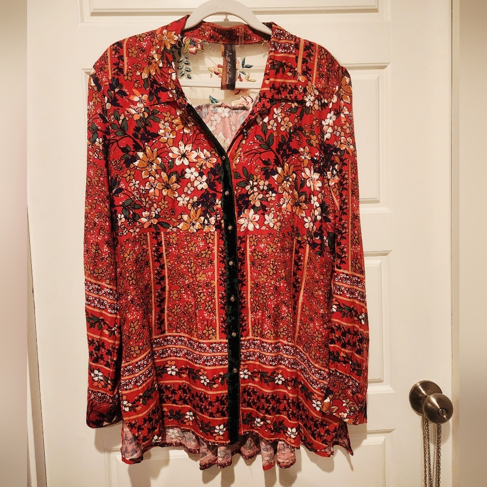 Anthropologie Aratta Silent Journey Boho Floral Button Down Blouse Size Large